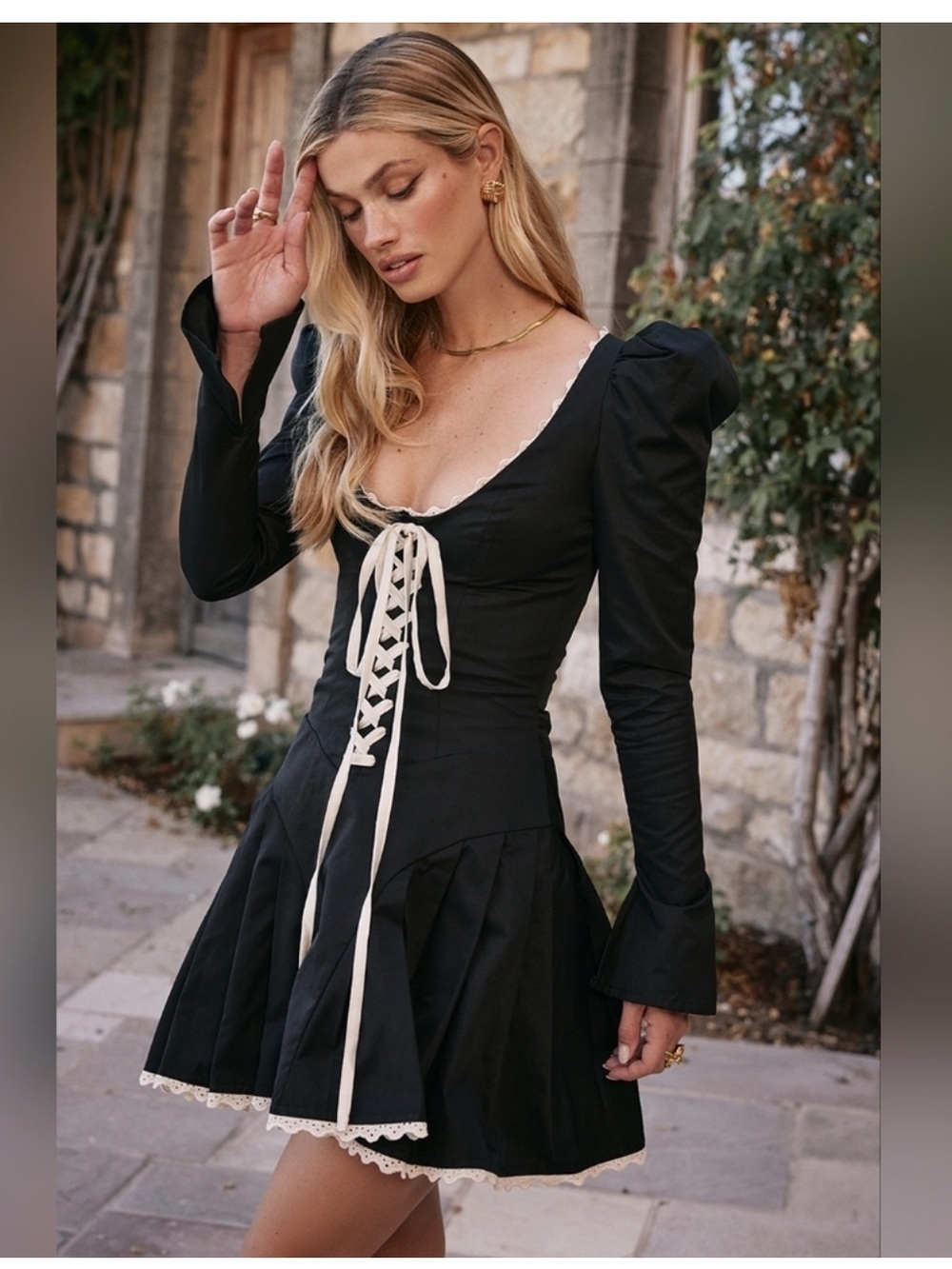 House of CB Larisa Black Cream Lace Up Corset Puff Sleeve Pleated Mini Dress XS - Picture 2 of 7